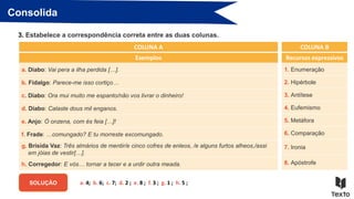 Consolida
3. Estabelece a correspondência correta entre as duas colunas.
SOLUÇÃO
COLUNA A
Exemplos
a. Diabo: Vai pera a ilha perdida […].
b. Fidalgo: Parece-me isso cortiço…
c. Diabo: Ora mui muito me espanto/não vos livrar o dinheiro!
d. Diabo: Calaste dous mil enganos.
e. Anjo: Ó onzena, com és feia […]!
f. Frade: …comungado? E tu morreste excomungado.
g. Brísida Vaz: Três almários de mentir/e cinco cofres de enleos, /e alguns furtos alheos,/assi
em jóias de vestir[…].
h. Corregedor: E vós… tornar a tecer e a urdir outra meada.
COLUNA B
Recursos expressivos
1. Enumeração
2. Hipérbole
3. Antítese
4. Eufemismo
5. Metáfora
6. Comparação
7. Ironia
8. Apóstrofe
a. 4; b. 6; c. 7; d. 2 ; e. 8 ; f. 3 ; g. 1 ; h. 5 ;
 