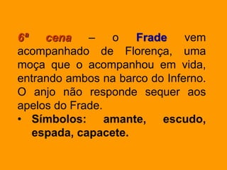 6ª cena – o Frade vem
acompanhado de Florença, uma
moça que o acompanhou em vida,
entrando ambos na barco do Inferno.
O anjo não responde sequer aos
apelos do Frade.
• Símbolos: amante, escudo,
espada, capacete.
 