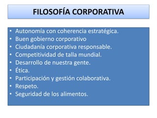 FILOSOFÍA CORPORATIVA 
• Autonomía con coherencia estratégica. 
• Buen gobierno corporativo 
• Ciudadanía corporativa responsable. 
• Competitividad de talla mundial. 
• Desarrollo de nuestra gente. 
• Ética. 
• Participación y gestión colaborativa. 
• Respeto. 
• Seguridad de los alimentos. 
 