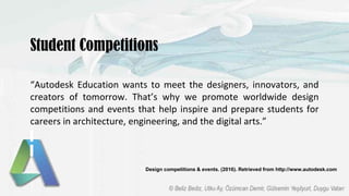Student Competitions
“Autodesk Education wants to meet the designers, innovators, and
creators of tomorrow. That’s why we promote worldwide design
competitions and events that help inspire and prepare students for
careers in architecture, engineering, and the digital arts.”
Design competitions & events. (2016). Retrieved from http://www.autodesk.com
 