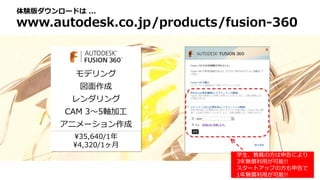 30日間のトライアル
期間終了後に表示
モデリング
図面作成
レンダリング
CAM 3～5軸加工
アニメーション作成
¥35,640/1年
¥4,320/1ヶ月
学生、教員の方は申告により
3年無償利用が可能!!
スタートアップの方も申告で
1年無償利用が可能!!
体験版ダウンロードは ...
www.autodesk.co.jp/products/fusion-360
 