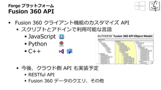 Forge プラットフォーム
Fusion 360 API
 Fusion 360 クライアント機能のカスタマイズ API
 スクリプトとアドインで利用可能な言語
 JavaScript
 Python
 C++
 今後、クラウド側 API も実装予定
 RESTful API
 Fusion 360 データのクエリ、その他
 