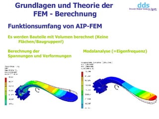 Grundlagen und Theorie der  FEM - Berechnung Funktionsumfang von AIP-FEM Es werden Bauteile mit Volumen berechnet (Keine Flächen/Baugruppen!) Berechnung der    Modalanalyse (=Eigenfrequenz) Spannungen und Verformungen 