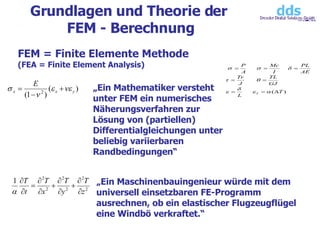 Grundlagen und Theorie der  FEM - Berechnung FEM = Finite Elemente Methode (FEA = Finite Element Analysis) „ Ein Maschinenbauingenieur würde mit dem universell einsetzbaren FE-Programm ausrechnen, ob ein elastischer Flugzeugflügel eine Windbö verkraftet.“  „ Ein Mathematiker versteht unter FEM ein numerisches Näherungsverfahren zur Lösung von (partiellen) Differentialgleichungen unter beliebig variierbaren Randbedingungen“  