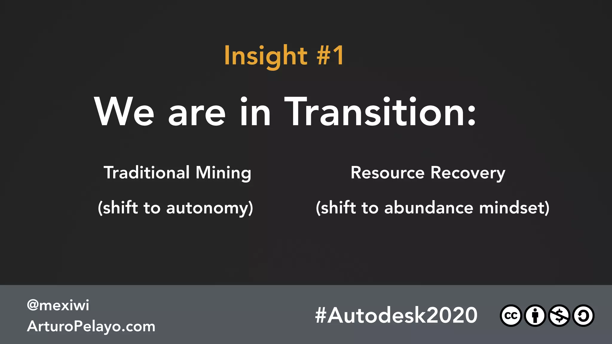 #Autodesk2020
@mexiwi
ArturoPelayo.com
We are in a transition:
Traditional Mining Resource Recovery
Insight #1
(shift to autonomy) (shift to abundance mindset)
 
