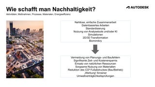 Wie schafft man Nachhaltigkeit?
Aktivitäten, Maßnahmen, Prozesse, Materialen, Energieeffizienz
Nahtlose, einfache Zusammenarbeit
Datenbasiertes Arbeiten
Standardisierung
Nutzung von Analysetools und/oder KI
Simulationen
2D/3D Transformation
Biomimikry
Vermeidung von Planungs- und Baufehlern
Signifikante Zeit- und Kostenersparnis
Einsatz von natürlichen Ressourcen
Sorgsame Nutzung von Materialien
Reduktion des CO² Fußabdruckes (Bau/Betrieb)
„Werbung“ Anrainer
Umweltverträglichkeitsprüfungen
 