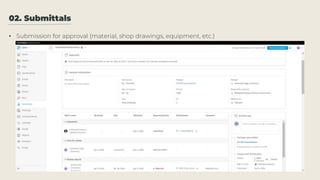 02. Submittals
• Submission for approval (material, shop drawings, equipment, etc.)
 