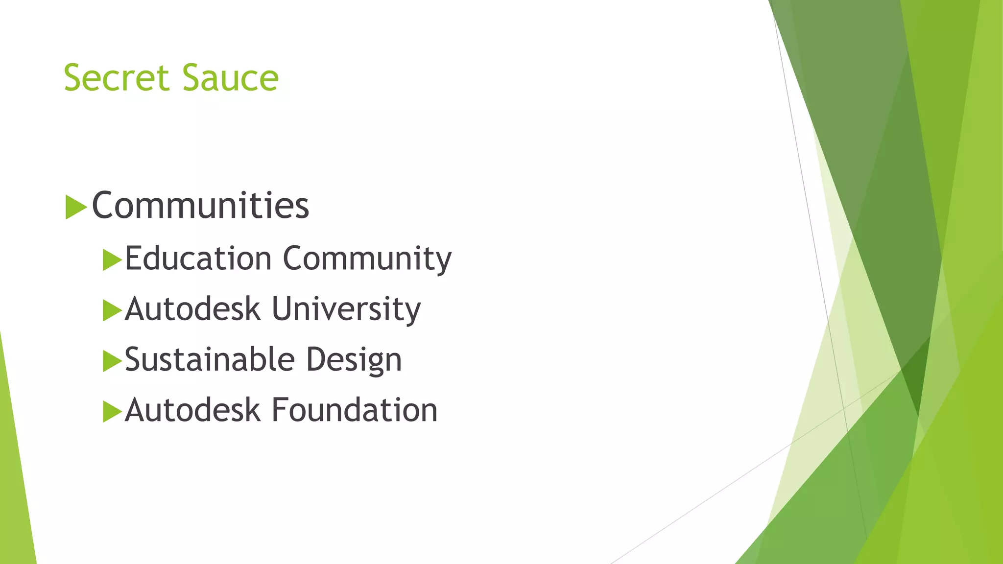 Secret Sauce
Communities
Education Community
Autodesk University
Sustainable Design
Autodesk Foundation