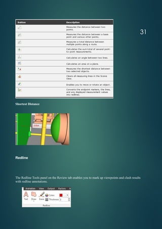 Shortest Distance
Redline
The Redline Tools panel on the Review tab enables you to mark up viewpoints and clash results
with redline annotations.
31
 