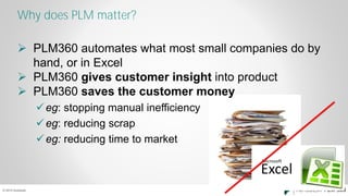 © 2015 Autodesk
 PLM360 automates what most small companies do by
hand, or in Excel
 PLM360 gives customer insight into product
 PLM360 saves the customer money
eg: stopping manual inefficiency
eg: reducing scrap
eg: reducing time to market
Why does PLM matter?
 