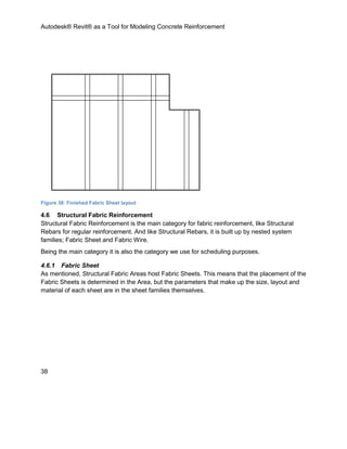 Autodesk® Revit® as a Tool for Modeling Concrete Reinforcement
38
Figure 38: Finished Fabric Sheet layout
4.6 Structural Fabric Reinforcement
Structural Fabric Reinforcement is the main category for fabric reinforcement, like Structural
Rebars for regular reinforcement. And like Structural Rebars, it is built up by nested system
families; Fabric Sheet and Fabric Wire.
Being the main category it is also the category we use for scheduling purposes.
4.6.1 Fabric Sheet
As mentioned, Structural Fabric Areas host Fabric Sheets. This means that the placement of the
Fabric Sheets is determined in the Area, but the parameters that make up the size, layout and
material of each sheet are in the sheet families themselves.
 