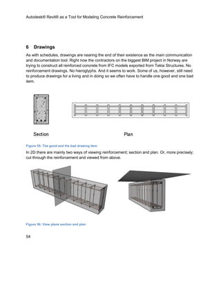Autodesk® Revit® as a Tool for Modeling Concrete Reinforcement
54
6 Drawings
As with schedules, drawings are nearing the end of their existence as the main communication
and documentation tool. Right now the contractors on the biggest BIM project in Norway are
trying to construct all reinforced concrete from IFC models exported from Tekla Structures. No
reinforcement drawings. No hieroglyphs. And it seems to work. Some of us, however, still need
to produce drawings for a living and in doing so we often have to handle one good and one bad
item.
Figure 55: The good and the bad drawing item
In 2D there are mainly two ways of viewing reinforcement; section and plan. Or, more precisely;
cut through the reinforcement and viewed from above.
Figure 56: View plane section and plan
 