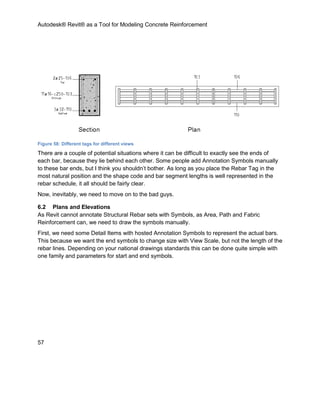 Autodesk® Revit® as a Tool for Modeling Concrete Reinforcement
57
Figure 58: Different tags for different views
There are a couple of potential situations where it can be difficult to exactly see the ends of
each bar, because they lie behind each other. Some people add Annotation Symbols manually
to these bar ends, but I think you shouldn’t bother. As long as you place the Rebar Tag in the
most natural position and the shape code and bar segment lengths is well represented in the
rebar schedule, it all should be fairly clear.
Now, inevitably, we need to move on to the bad guys.
6.2 Plans and Elevations
As Revit cannot annotate Structural Rebar sets with Symbols, as Area, Path and Fabric
Reinforcement can, we need to draw the symbols manually.
First, we need some Detail Items with hosted Annotation Symbols to represent the actual bars.
This because we want the end symbols to change size with View Scale, but not the length of the
rebar lines. Depending on your national drawings standards this can be done quite simple with
one family and parameters for start and end symbols.
 