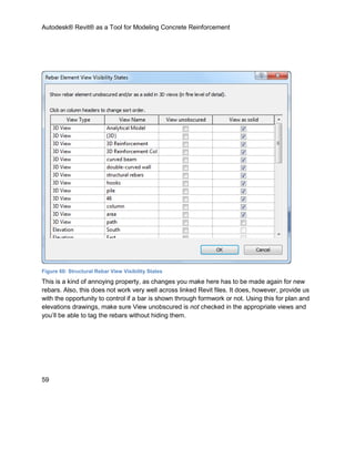 Autodesk® Revit® as a Tool for Modeling Concrete Reinforcement
59
Figure 60: Structural Rebar View Visibility States
This is a kind of annoying property, as changes you make here has to be made again for new
rebars. Also, this does not work very well across linked Revit files. It does, however, provide us
with the opportunity to control if a bar is shown through formwork or not. Using this for plan and
elevations drawings, make sure View unobscured is not checked in the appropriate views and
you’ll be able to tag the rebars without hiding them.
 