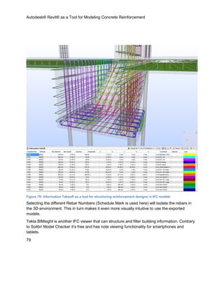 Autodesk® Revit® as a Tool for Modeling Concrete Reinforcement
79
Figure 78: Information Takeoff as a tool for structuring reinforcement designs in IFC models
Selecting the different Rebar Numbers (Schedule Mark is used here) will isolate the rebars in
the 3D environment. This in turn makes it even more visually intuitive to use the exported
models.
Tekla BIMsight is another IFC viewer that can structure and filter building information. Contrary
to Solibri Model Checker it’s free and has note viewing functionality for smartphones and
tablets.
 