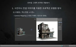 1. 사진이나 컨셉 이미지를 이용한 프로젝션 모델링 방식
2) 모델링 / 텍스쳐링 <시연>
- Camera Mapping (고정된 카메라 기준으로 맵핑)
모바일 그래픽 최적화 개발방식
 
