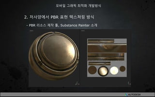 2. 저사양에서 PBR 표현 텍스쳐링 방식
- PBR 리소스 제작 툴, Substance Painter 소개
모바일 그래픽 최적화 개발방식
 