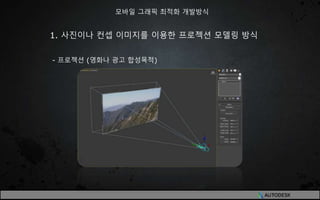 1. 사진이나 컨셉 이미지를 이용한 프로젝션 모델링 방식
- 프로젝션 (영화나 광고 합성목적)
모바일 그래픽 최적화 개발방식
 