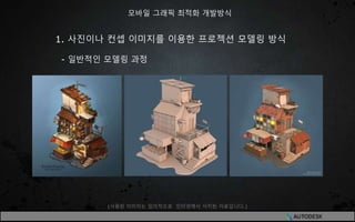 1. 사진이나 컨셉 이미지를 이용한 프로젝션 모델링 방식
- 일반적인 모델링 과정
모바일 그래픽 최적화 개발방식
(사용된 이미지는 임의적으로 인터넷에서 서치된 자료입니다.)
 