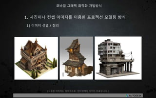 1. 사진이나 컨셉 이미지를 이용한 프로젝션 모델링 방식
1) 이미지 선별 / 정리
모바일 그래픽 최적화 개발방식
(사용된 이미지는 임의적으로 인터넷에서 서치된 자료입니다.)
 