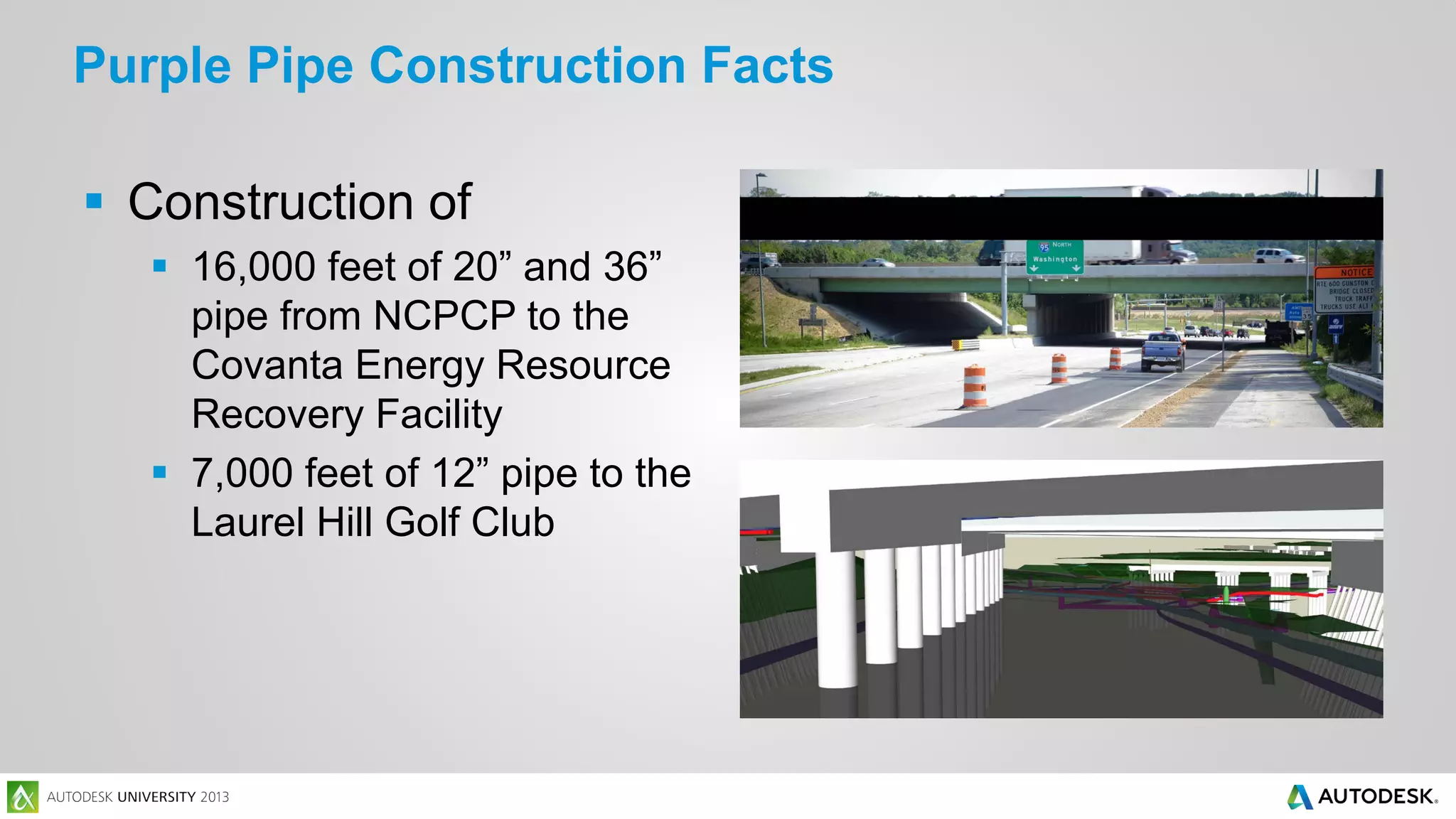 Purple Pipe Construction Facts
 Construction of
 16,000 feet of 20” and 36”
pipe from NCPCP to the
Covanta Energy Resource
Recovery Facility
 7,000 feet of 12” pipe to the
Laurel Hill Golf Club

 