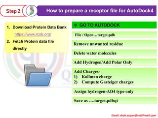 Email: shah.sapan@rediffmail.com
How to prepare a receptor file for AutoDock4Step 2
1. Download Protein Data Bank
https://www.rcsb.org/
2. Fetch Protein data file
directly
File / Open…target.pdb
Delete water molecules
 GO TO AUTODOCK
Add Hydrogen/Add Polar Only
Remove unwanted residue
Add Charges-
1) Kollman charge
2) Compute Gasteiger charges
Assign hydrogen-AD4 type only
Save as ….target.pdbqt
 