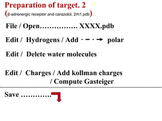 2.Preparation of target
File / Open……………. XXXX.pdb
Edit / Charges / Add kollman charges
/ Compute Gasteiger
Edit / Hydrogens / Add polar
Save ………….
Edit / Delete water molecules
(β-adrenergic receptor and carazolol, 2rh1.pdb)
 