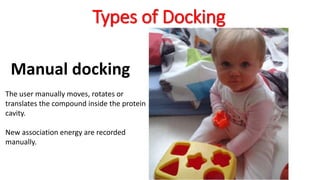 Types of Docking
Manual docking
The user manually moves, rotates or
translates the compound inside the protein
cavity.
New association energy are recorded
manually.
 