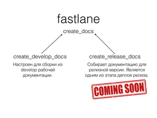 fastlane
create_docs
create_develop_docs
Настроен для сборки из
develop рабочей
документации.
create_release_docs
Собирает...