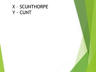 X – SCUNTHORPE
Y - CUNT
 