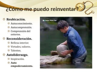 Reubicación.
Autoconocimiento.
Autocomprensión.
Comprensión del
entorno.
Reconsideración.
Belleza interior.
Virtudes, valores.
Talentos.
Autoliderazgo.
Inspiración.
Auto
empoderamiento.
 