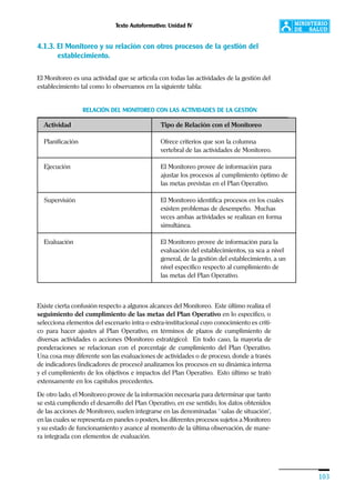 Texto Autoformativo: Unidad IV
103
4.1.3. El Monitoreo y su relación con otros procesos de la gestión del
establecimiento.
El Monitoreo es una actividad que se articula con todas las actividades de la gestión del
establecimiento tal como lo observamos en la siguiente tabla:
Existe cierta confusión respecto a algunos alcances del Monitoreo. Este último realiza el
seguimiento del cumplimiento de las metas del Plan Operativo en lo específico, o
selecciona elementos del escenario intra o extra-institucional cuyo conocimiento es críti-
co para hacer ajustes al Plan Operativo, en términos de plazos de cumplimiento de
diversas actividades o acciones (Monitoreo estratégico). En todo caso, la mayoría de
ponderaciones se relacionan con el porcentaje de cumplimiento del Plan Operativo.
Una cosa muy diferente son las evaluaciones de actividades o de proceso, donde a través
de indicadores (indicadores de proceso) analizamos los procesos en su dinámica interna
y el cumplimiento de los objetivos e impactos del Plan Operativo. Esto último se trató
extensamente en los capítulos precedentes.
De otro lado, el Monitoreo provee de la información necesaria para determinar que tanto
se está cumpliendo el desarrollo del Plan Operativo, en ese sentido, los datos obtenidos
de las acciones de Monitoreo, suelen integrarse en las denominadas ¨ salas de situación¨,
en las cuales se representa en paneles o posters, los diferentes procesos sujetos a Monitoreo
y su estado de funcionamiento y avance al momento de la última observación, de mane-
ra integrada con elementos de evaluación.
RELACIÓN DEL MONITOREO CON LAS ACTIVIDADES DE LA GESTIÓN
Actividad Tipo de Relación con el Monitoreo
Planificación Ofrece criterios que son la columna
vertebral de las actividades de Monitoreo.
Ejecución El Monitoreo provee de información para
ajustar los procesos al cumplimiento óptimo de
las metas previstas en el Plan Operativo.
Supervisión El Monitoreo identifica procesos en los cuales
existen problemas de desempeño. Muchas
veces ambas actividades se realizan en forma
simultánea.
Evaluación El Monitoreo provee de información para la
evaluación del establecimientos, ya sea a nivel
general, de la gestión del establecimiento, a un
nivel específico respecto al cumplimiento de
las metas del Plan Operativo.
 