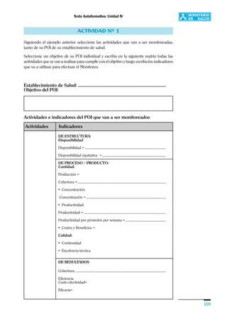 Texto Autoformativo: Unidad IV
109
ACTIVIDAD Nº 1
Siguiendo el ejemplo anterior seleccione las actividades que van a ser monitoreadas,
tanto de su POI de su establecimiento de salud.
Seleccione un objetivo de su POI individual y escriba en la siguiente matriz todas las
actividades que se van a realizar para cumplir con el objetivo y luego escriba los indicadores
que va a utilizar para efectuar el Monitoreo.
DE ESTRUCTURA:
Disponibilidad
Disponibilidad = .........................................................................................................................
Disponibilidad equitativa =................................................................................................
DE PROCESO / PRODUCTO:
Cantidad:
Producción =
Cobertura =....................................................................................................................................
• Concentración:
Concentración =........................................................................................................................
• Productividad:
Productividad = ...........................................................................................................................
Productividad por promotor por semana =.............................................................
• Costos y Beneficios =
Calidad:
• Continuidad
• Excelencia técnica
DE RESULTADOS
Cobertura: .......................................................................................................................................
Eficiencia
Costo efectividad=
Eficacia=
Establecimiento de Salud: ................................................................................................
Objetivo del POI:
Actividades e indicadores del POI que van a ser monitoreados
Actividades Indicadores
 