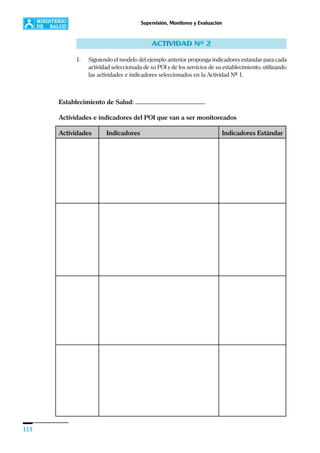 118
Supervisión, Monitoreo y Evaluación
ACTIVIDAD Nº 2
1. Siguiendo el modelo del ejemplo anterior proponga indicadores estándar para cada
actividad seleccionada de su POI y de los servicios de su establecimiento, utilizando
las actividades e indicadores seleccionados en la Actividad Nº 1.
Establecimiento de Salud: ………………………………………………
Actividades e indicadores del POI que van a ser monitoreados
Actividades Indicadores Indicadores Estándar
 