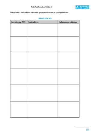 Texto Autoformativo: Unidad IV
119
Actividades e indicadores rutinarios que se realizan en su establecimiento
SERVICIOS DE APS
Servicios de APS Indicadores Indicadores estándar
 