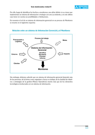 Texto Autoformativo: Unidad IV
123
Por ello, luego de identificar los hechos a monitorear, uno debe definir si va a tener que
implementar un sistema de información o trabajar con uno ya existente, y en este último
caso tener en cuenta sus posibilidades o limitaciones.
En resumen el rol de un sistema de información gerencial en un proceso de Monitoreo
se resume en el siguiente esquema:
Sistema de Información
Gerencial
Identifica
Recolecta
Procesa
Informa
Proceso de trabajo
Presupuesto y
Logística
Metas
Entorno Impacto
Monitoreo
Clientes
Sin embargo, debemos advertir que un sistema de información gerencial depende más
de las personas, de la forma como organizan y hacen su trabajo, de la claridad de objeti-
vos y estrategias de la gestión (Planes Operativos), mucho más que de los elementos
tecnológicos involucrados en un sistema de información.
Relación entre un sistema de Información Gerencial y el Monitoreo
 