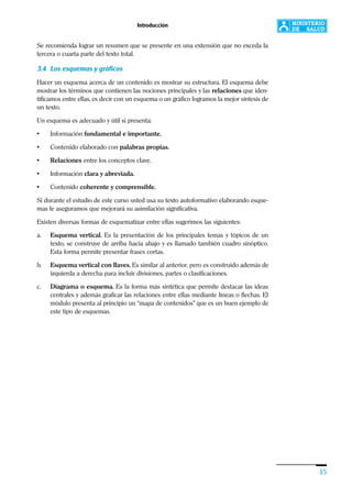 Introducción
15
Se recomienda lograr un resumen que se presente en una extensión que no exceda la
tercera o cuarta parte del texto total.
3.4 Los esquemas y gráficos
Hacer un esquema acerca de un contenido es mostrar su estructura. El esquema debe
mostrar los términos que contienen las nociones principales y las relaciones que iden-
tificamos entre ellas, es decir con un esquema o un gráfico logramos la mejor síntesis de
un texto.
Un esquema es adecuado y útil si presenta:
• Información fundamental e importante.
• Contenido elaborado con palabras propias.
• Relaciones entre los conceptos clave.
• Información clara y abreviada.
• Contenido coherente y comprensible.
Si durante el estudio de este curso usted usa su texto autoformativo elaborando esque-
mas le aseguramos que mejorará su asimilación significativa.
Existen diversas formas de esquematizar entre ellas sugerimos las siguientes:
a. Esquema vertical. Es la presentación de los principales temas y tópicos de un
texto, se construye de arriba hacia abajo y es llamado también cuadro sinóptico.
Esta forma permite presentar frases cortas.
b. Esquema vertical con llaves. Es similar al anterior, pero es construido además de
izquierda a derecha para incluir divisiones, partes o clasificaciones.
c. Diagrama o esquema. Es la forma más sintética que permite destacar las ideas
centrales y además graficar las relaciones entre ellas mediante líneas o flechas. El
módulo presenta al principio un “mapa de contenidos” que es un buen ejemplo de
este tipo de esquemas.
 