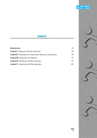 19
ÍNDICE
Introducción 21
Unidad I: Evaluación del Plan Operativo 25
Unidad II: Indicadores de Supervisión, Monitoreo y Evaluación 45
Unidad III: Evaluación de Objetivos 71
Unidad IV: Monitoreo del Plan Operativo 95
Unidad V: Supervisión del Plan Operativo 135
 
