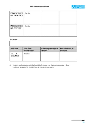 Texto Autoformativo: Unidad II
59
2. Una vez realizada esta actividad individual reúnase con el equipo de gestión y desa-
rrollen la Actividad Nº 2 de la Guía de Trabajos Aplicativos.
INDICADORES Escala:
DE PROCESOS
INDICADORES Escala:
DE COSTOS
Recursos:
Indicador Valor final Criterios para asignar Procedimiento de
del indicador el valor medición
IND. DE Escala:
INSUMOS
 