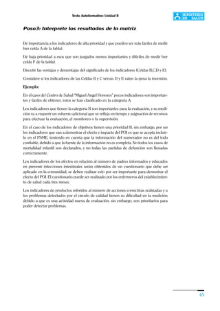 Texto Autoformativo: Unidad II
65
Paso3: Interprete los resultados de la matriz
Dé importancia a los indicadores de alta prioridad y que pueden ser más fáciles de medir
(ver celda A de la tabla).
Dé baja prioridad a esos que son juzgados menos importantes y difíciles de medir (ver
celda F de la tabla).
Discutir las ventajas y desventajas del significado de los indicadores (Celdas B,C,D y E).
Considere si los indicadores de las Celdas B y C versus D y E valen la pena la inversión.
Ejemplo:
En el caso del Centro de Salud “Miguel Angel Honores” pocos indicadores son importan-
tes y fáciles de obtener, éstos se han clasificado en la categoría A.
Los indicadores que tienen la categoría B son importantes para la evaluación, y su medi-
ción va a requerir un esfuerzo adicional que se refleja en tiempo y asignación de recursos
para efectuar la evaluación, el monitoreo o la supervisión.
En el caso de los indicadores de objetivos tienen una prioridad B, sin embargo, por ser
los indicadores que van a demostrar el efecto e impacto del POI es que se acepta incluir-
lo en el PSME, teniendo en cuenta que la información del numerador no es del todo
confiable, debido a que la fuente de la información no es completa. No todos los casos de
mortalidad infantil son declarados, y no todas las partidas de defunción son llenadas
correctamente.
Los indicadores de los efectos en relación al número de padres informados y educados
en prevenir infecciones intestinales serán obtenidos de un cuestionario que debe ser
aplicado en la comunidad, se deben realizar esto por ser importante para demostrar el
efecto del POI. El cuestionario puede ser realizado por los enfermeros del establecimien-
to de salud cada tres meses.
Los indicadores de productos referidos al número de acciones correctivas realizadas y a
los problemas detectados por el círculo de calidad tienen su dificultad en la medición
debido a que es una actividad nueva de evaluación, sin embargo, son prioritarios para
poder detectar problemas.
 