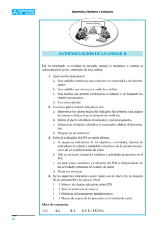 68
Supervisión, Monitoreo y Evaluación
AUTOEVALUACIÓN DE LA UNIDAD II
Ud. ha terminado de estudiar la presente unidad, lo invitamos a realizar la
autoevaluación de los contenidos de esta unidad.
1. ¿Qué son los indicadores?
a. Son variables numéricas que contienen un numerador y un denomi-
nador
b. Son variables que sirven para medir los cambios
c. Una medida que permite cerciorarnos si estamos o no logrando los
objetivos propuestos.
d. b y c son correctas
2. Los pasos para construir indicadores son:
a. Determinar los valores finales del indicador, fijar criterios para asignar
los valores e indicar el procedimiento de medición.
b. Definir el efecto, identificar el indicador y operacionalizarlos.
c. Seleccionar el objetivo, identificar el numerador y definir el denomina-
dor.
d. Ninguna de las anteriores.
3. Sobre la evaluación del POI se puede afirmar:
a. Se requieren indicadores de los objetivos y actividades, además de
indicadores de calidad y calidad de estructura y de los productos/pro-
cesos de un establecimiento de salud.
b. Sólo es necesario evaluar los objetivos y actividades propuestos en el
POI.
c. La supervisión, monitoreo y evaluación del POI es independiente de
las actividades rutinarias del servicio de salud.
d. Todas son correctas
4. De los siguientes indicadores anote cuáles son de efecto (E), de impacto
(I), de producto (P) y de proceso (Proc)
( ) Número de charlas educativas sobre ETS
( ) Tasa de incidencia de malaria
( ) Eficiencia del tratamiento antituberculoso
( ) Tiempo de espera de los pacientes en el servicio de salud
Clave de respuestas
1. D. 2.A. 3. A 4. P, E o I, E, Proc.
 