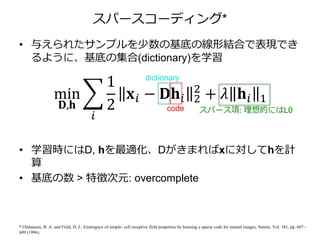 スパースコーディング*
• 与えられたサンプルを少数の基底の線形結合で表現でき
るように、基底の集合(dictionary)を学習
• 学習時にはD, hを最適化、Dがきまればxに対してhを計
算
• 基底の数 > 特徴次元: overcomplete
* Olshausen, B. A. and Field, D. J.: Emeregnce of simple- cell receptive field properties by learning a sparse code for natural images, Nature, Vol. 381, pp. 607–
609 (1996).
スパースコ ーディ ング
, Sparse Coding w ith an Overcom plete Basis Set: a Strategy Em ployed by V1?, Vis. R
min
,
1
2
+
過
（
{ } = , … ,
dictionary
code スパース項: 理想的にはL0
 
