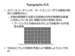 Topographic ICA
• スパースコーディング、オートエンコーダでは基底の順
序には意味がない
– 生物の視覚野では捉える特徴の分布が物理的な距離
に対応している (近い細胞?は似た特徴に反応)
• プーリングとの組み合わせにより回転等への不変
性を実現
• TICAはこうした性質を学習により獲得しようというも
の
http://www.mathworks.com/matlabcentral/fileexchange/23253-gabor-filterより
 