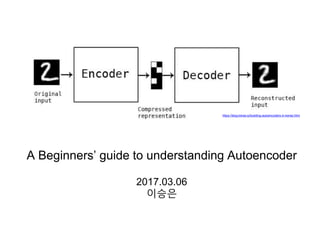 A Beginners’ guide to understanding Autoencoder
2017.03.06
이승은
https://blog.keras.io/building-autoencoders-in-keras.html
 