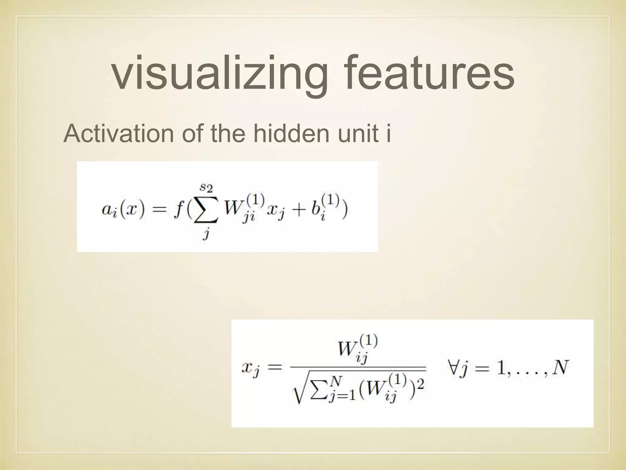 visualizing features
Activation of the hidden unit i
 