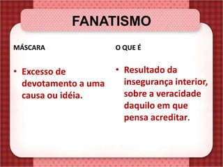 FANATISMO
MÁSCARA
• Excesso de
devotamento a uma
causa ou idéia.
O QUE É
• Resultado da
insegurança interior,
sobre a veracidade
daquilo em que
pensa acreditar.
 