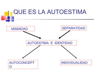 QUE ES LA AUTOESTIMA

MISMIDAD               SEPARATIDAD



       AUTOESTIMA E IDENTIDAD




AUTOCONCEPT            INDIVIDUALIDAD
O
 