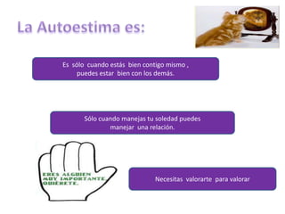 Es sólo cuando estás bien contigo mismo ,
     puedes estar bien con los demás.




       Sólo cuando manejas tu soledad puedes
               manejar una relación.




                              Necesitas valorarte para valorar
 