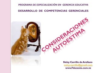 PROGRAMA DE ESPECIALIZACIÓN EN GERENCIA EDUCATIVA

DESARROLLO DE COMPETENCIAS GERENCIALES




                               Nelsy Carrillo de Arellano
                               nelsy.carrillo@gmail.com
                                www.Fdocente.com.ve
 