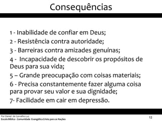 Consequências

        1 - Inabilidade de confiar em Deus;
        2 - Resistência contra autoridade;
        3 - Barreiras contra amizades genuínas;
        4 - Incapacidade de descobrir os propósitos de
        Deus para sua vida;
        5 – Grande preocupação com coisas materiais;
        6 - Precisa constantemente fazer alguma coisa
        para provar seu valor e sua dignidade;
        7- Facilidade em cair em depressão.

Por Daniel de Carvalho Luz
Escola Bíblica - Comunidade Evangélica Cristo para as Nações
                                                               12
 